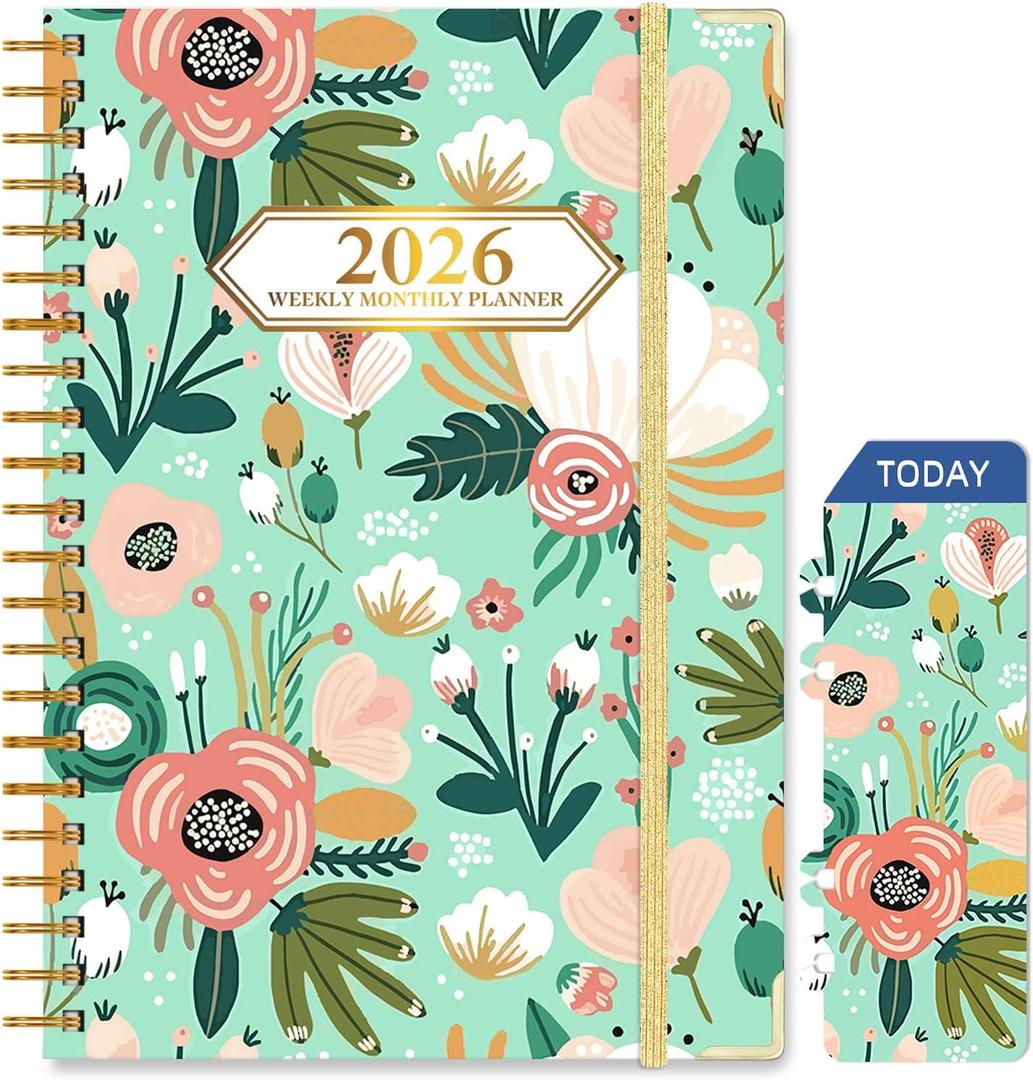 2026 Planner, Jan.2026 - Dec.2026 Planner Weekly and Monthly 6.25"x8.5" with with Page Tabs, Calendar Hardcover with Inner Pocket, Elastic Band, Twin-Wire Binding, Bookmark, Green Flowers