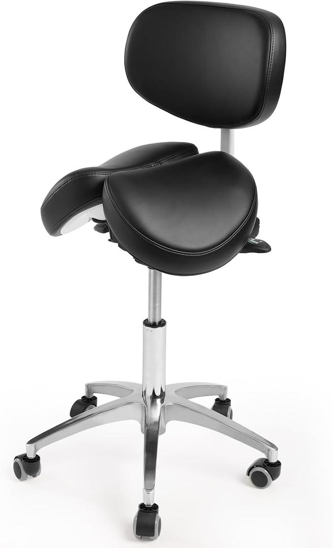 Ergonomic Saddle Stool with Backrest, 485 lbs Capacity Rolling Stool, 12 Tilt, Adjustable Height Split Seat Stool, 360 Swivel Rolling Chair for Office, Salon, Massage, Dental, Tattoo