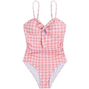 Floerns Girl's Gingham Print Ruched Cut Out Knot Front One Piece Swimsuit, Size: 12Y