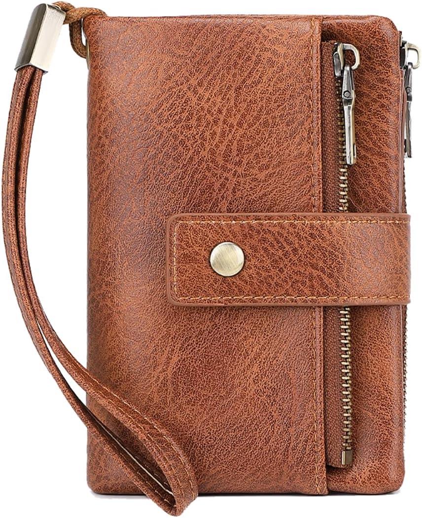 Womens Wallet Small Leather RFID Blocking Tri-Fold Large Capacity Compact Card Holder With Zipper Coin Pocket 2 ID Window (Brown)