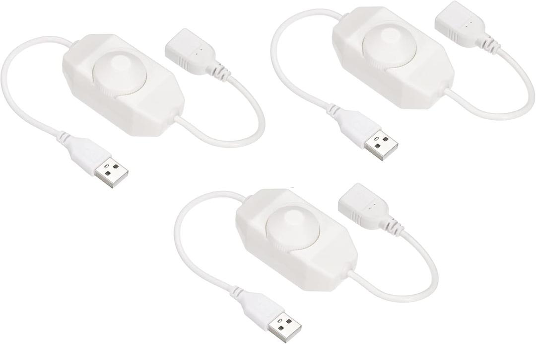 MECCANIXITY LED Strip Dimmer Switch 5V DC USB Female to Male Extension Cord with Rotary Switch Controller for LED Strips Lights, White Pack of 3