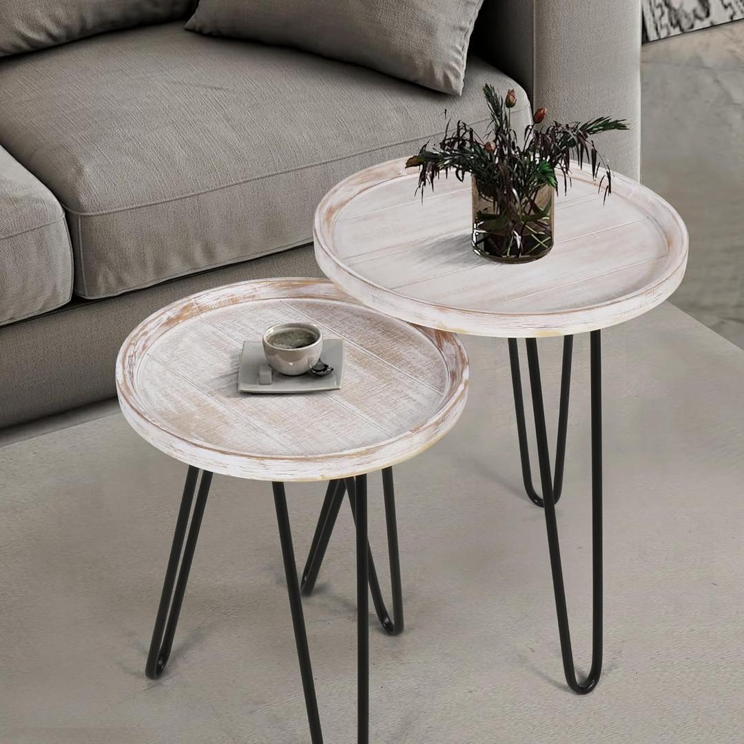 Oakrain Nesting Tables for Living Room, Round Nesting Coffee Table, Farmhouse End Tables Living Room, Bedroom, Small Coffee Table (Distressed White)