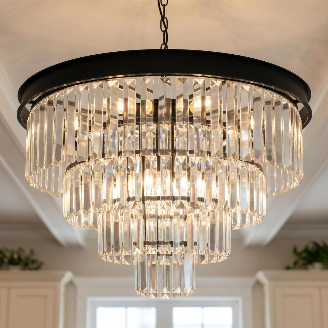Black Crystal Chandeliers Modern Crystal Chandelier 4-Tier Dining Room Chandelier Round Large Contemporary Crystal Pendant Hanging Ceiling Light Fixtures for Living Room Bedroom Foyer Entryway W24''
