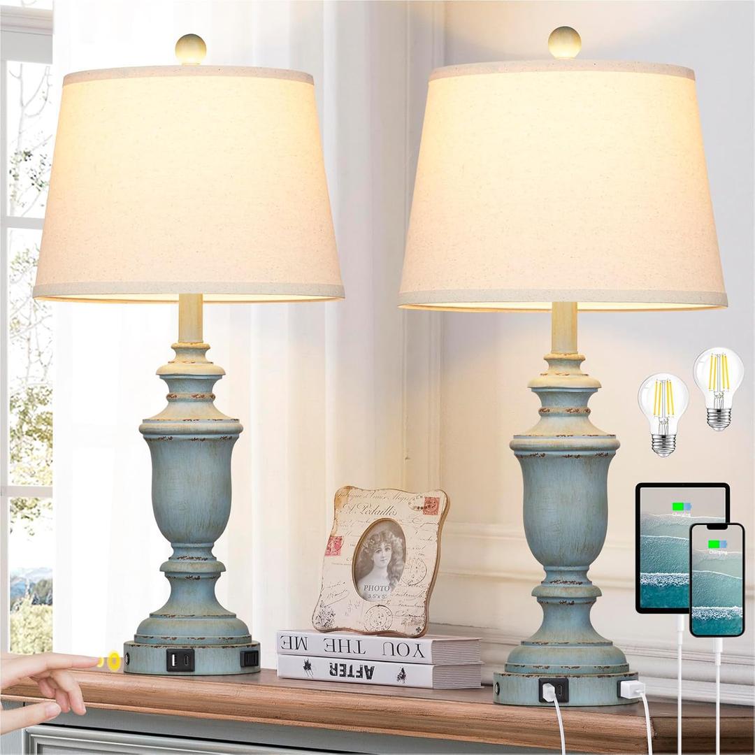 Cinkeda 25.6" Blue Table Lamps Set of 2 with USB C+A Ports & AC Outlet for Coastal Living Room Bedroom,3-Way Dimmable Farmhouse Touch Lamp Bedside Lamps for Nightstand,Retro Blue
