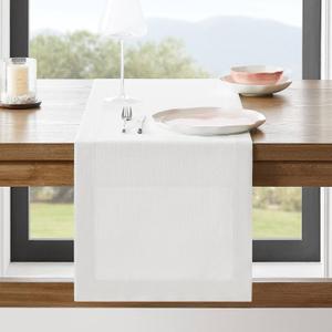 ZeeMart Linen Textured Border Table Runner, 14 x 72 Inch White, Farmhouse Style White Table Runners 72 Inches Long, Easy Care Everyday Polyester Table Runner