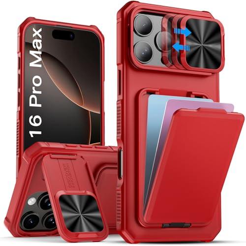 SSLOTSCASE for iPhone 16 Pro Max Case with Credit Card Holder & Lens Cover Stand & Kickstand, Multi Functional TPU Sturdy Protective Wallet Case Cover for iPhone 16 Pro Max 6.9'' 5G, Red