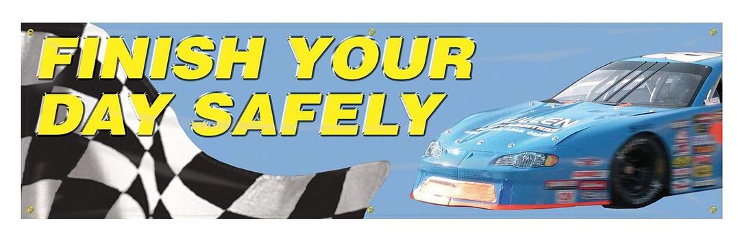 Accuform MBR852 Motivational Safety Banner, Legend"Finish Your Day Safely" with Auto Racing Graphic, 28" Length x 8-ft Width, Reinforced Vinyl with Metal Grommets