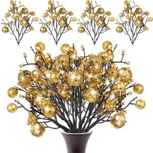 Geosar 24 Pieces Christmas Glitter Berries Stems 10 Inch Christmas Berry Picks Artificial Glittered Berries Ornaments Floral Stems for Xmas Tree,Home Wreath,Party Decoration(Gold)