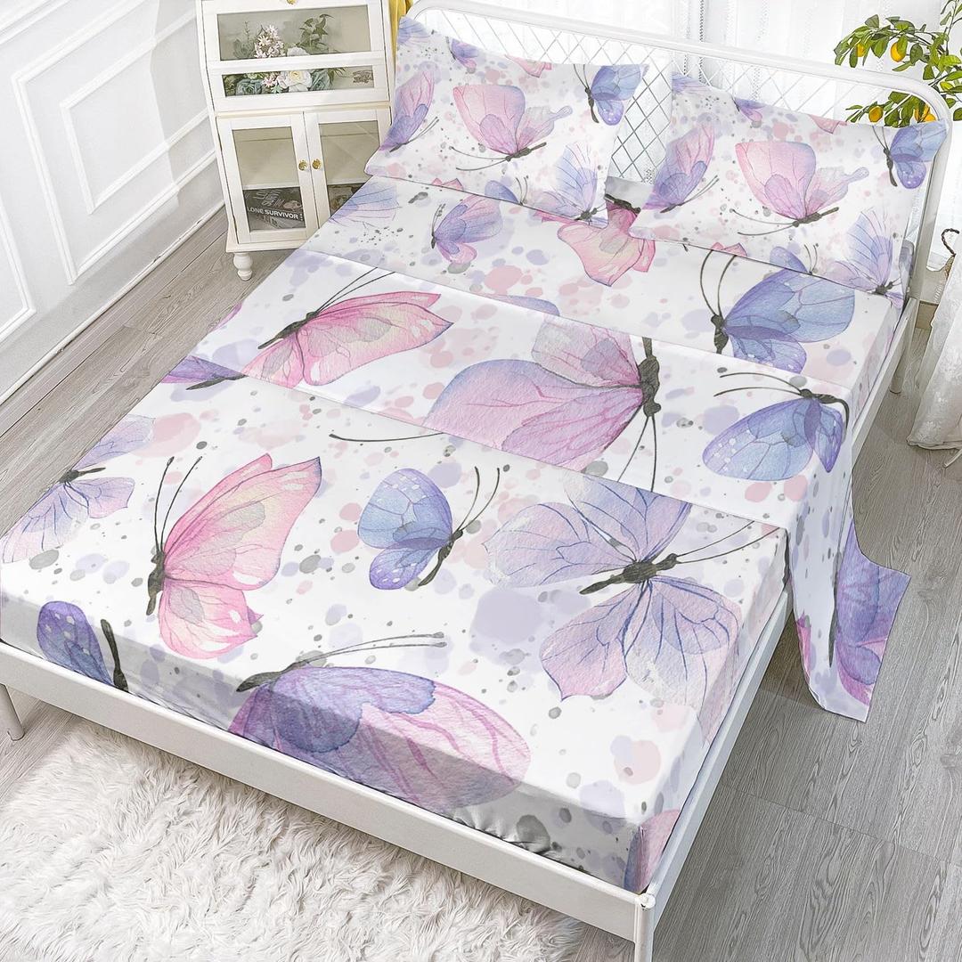Kids Butterfly Sheet Set - 4 Pcs, Twin Size, 1 Flat + 1 Fitted Sheet + 2 Pillowcases (Twin 67x97 inches)