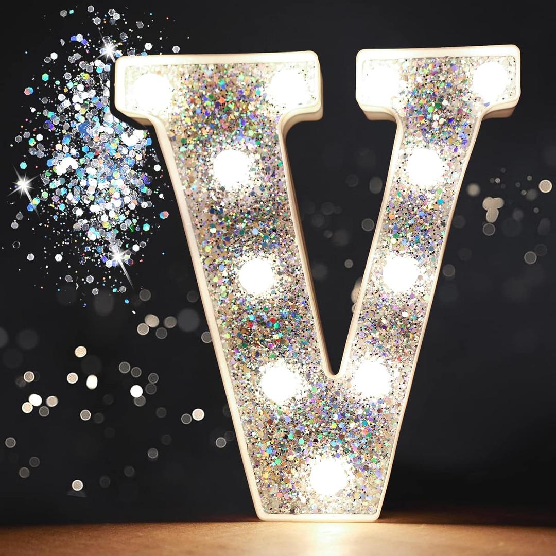 Pooqla Light Up Letters, LED Marquee Letters for Silver Birthday Decorations, Battery Powered Night Light Teenager Girl Room Decor, Gift for Girls Boys Wedding Bedroom Christmas Party Decor, Letter V
