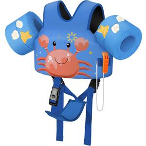 MoKo Toddler Swim Vest for Kids, Swim Arm Floaties 15-30 lbs Cartoon Swimming Water Wings with Crotch Strap, Pool Float Vests Sleeves Shoulder Straps Arm Band for Children, Blue Crab