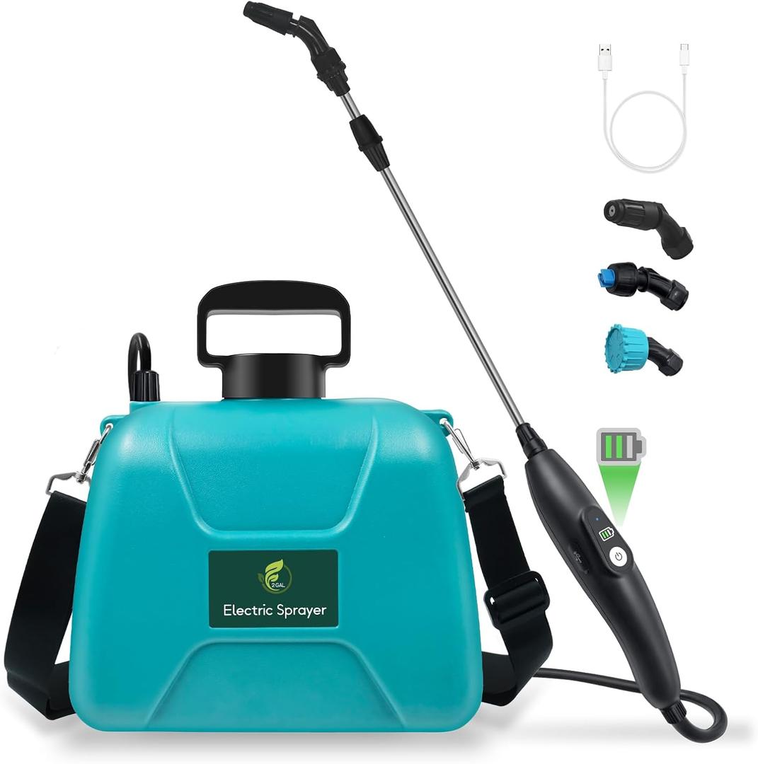 2 Gallon Battery Powered Garden Sprayer, Electric Sprayer with USB Rechargeable Handle, 3 Mist Nozzles, Retractable Wand, Water Pump Sprayers with Adjustable Shoulder Strap for Yard, Lawn and Garden, Blue-green