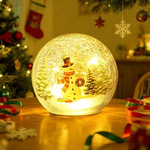 Christmas Decorations Indoor, Snowman Trees Decor Crackle Glass Ball with LED Lights for Home Decor,Home Table Mantel Decor for Christmas Festival, Battery Powered, 3.9"/10cm