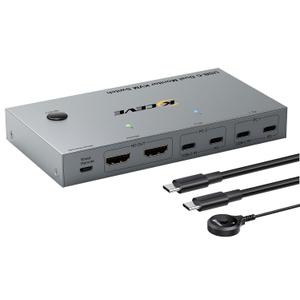 KCEVE KVM Switch 2 Monitors 2 Computers USB C, KVM Switch USB-C for 2 Laptops Sharing 2 Monitors and 4 USB3.0 Devices, 4K@60Hz, 100W PD, MST, Wired Remote(4K USBC HDMI 2 in 2 Out KVM)