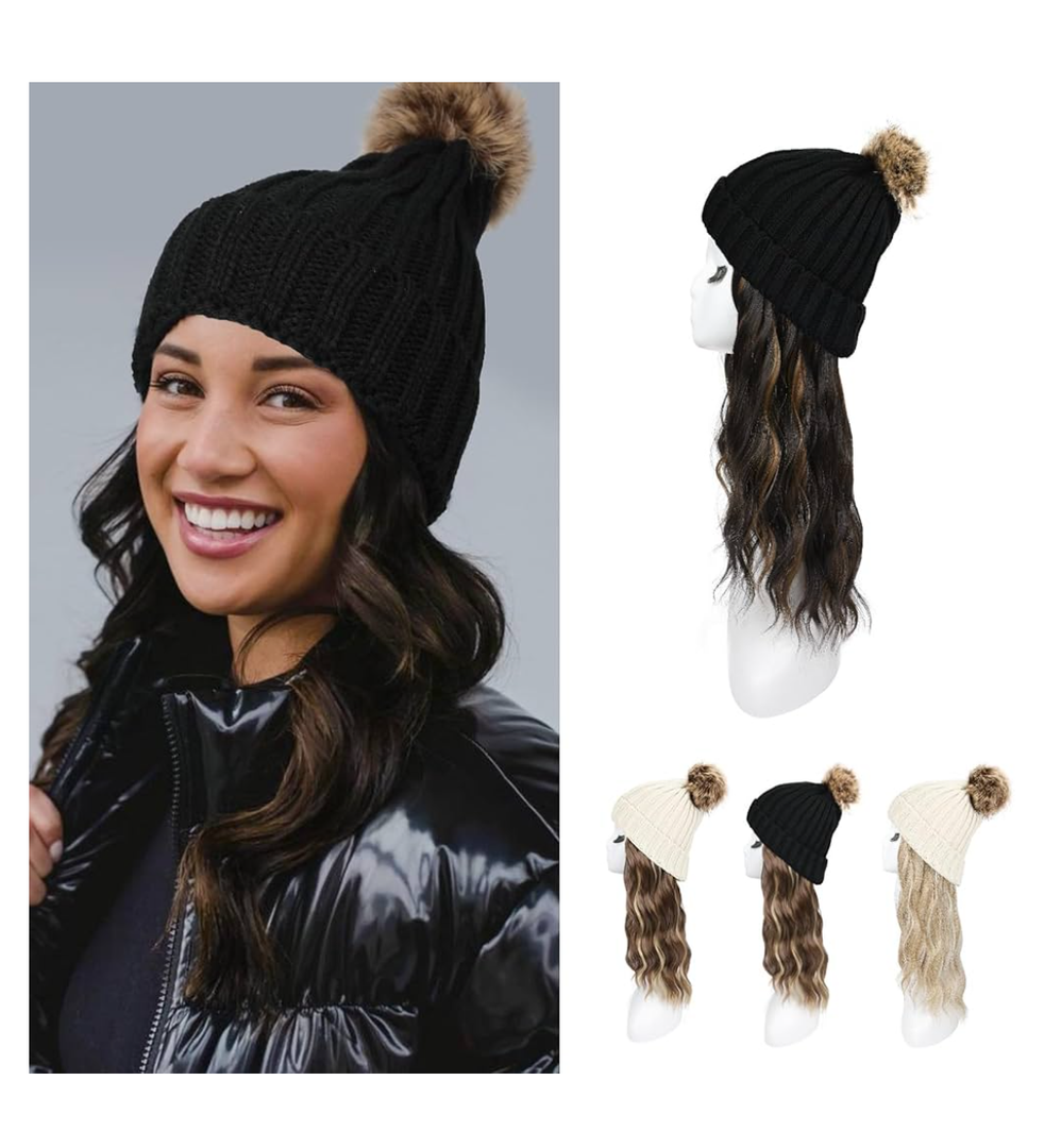 HOOJIH Knitted Beanie Wig, Hat Hair Extension Long Wavy Curly Black Hat Wig with Faux Fur Pom Attached 12 Inch Synthetic Hairpiece for Women Girls Winter - Black Brown with Highlights