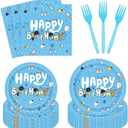 96Pcs Blue Dog Birthday Party Supplies Set for 24 Guests Happy Birthday Dessert Plates Lunch Plates Napkins Disposable Tableware Party Kit for Boys Kids