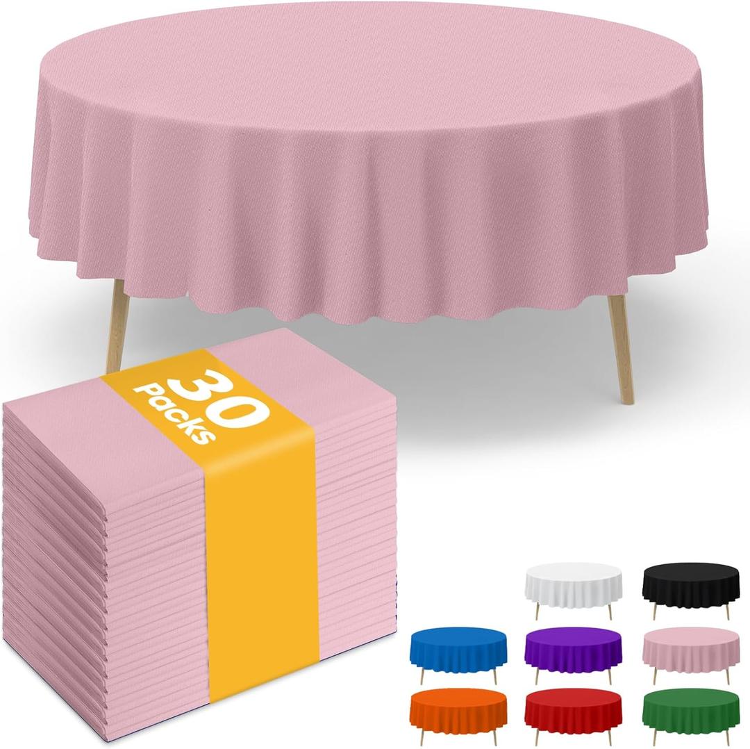 Pink Plastic Table Cloth - 30 Pack 84" Round Disposable Tablecloths for Round Tables, Waterproof Table Cover for Holiday Parties & Gatherings