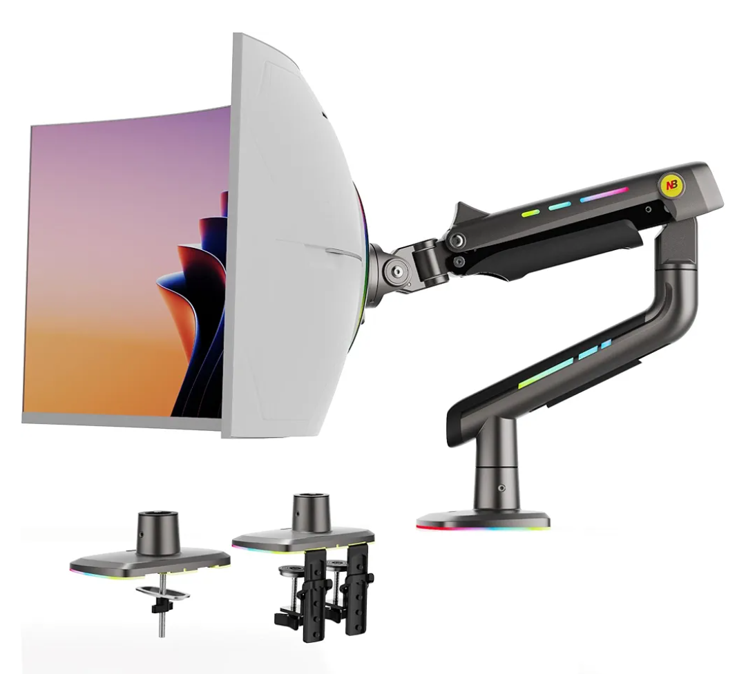 NB Gaming Monitor Arm for Screen up to 60 inches, Holds 44 lbs(20 kg), VESA 75/100, RGB Light, Heavy Duty Monitor Stand, Aluminum Ultrawide Screen Mount Height Angle Adjustable Grey Black