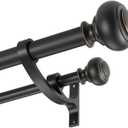 Double Curtain Rods 72-144 for Window, Heavy Duty Telescoping Rod 1-Inch Front and 5/8 Inch Back with Aluminum Alloy Brackets, Adjustable Double Drapery Rod with Classic Finials, Matte Black