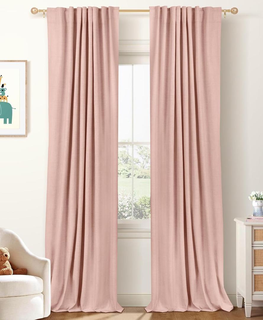 100% Blackout Shield Linen Blackout Curtains for Bedroom 96 Inches Long, Back Tab/Rod Pocket Living Room Drapes, Thermal Insulated Blackout Curtains 2 Panels Set, 50" W x 96" L, Blush Pink