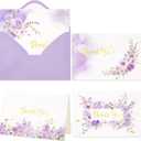 Crisky Thank You Cards 4 Assortment, Watercolor Painted Purple Florals (50 Cards with Envelopes for Birthday, Baby Shower, Bridal Shower, Wedding, All Occasion)