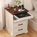 Yusong Farmhouse Night Stand with Gun Drawer & Invisible Lock, 25" Tall Bedside Table with Charging Station, End Table with Open Shelf for Bedroom Room (White-Brown)