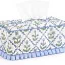 Ruffle Boho Fabric Tissue Box Cover, Handmade Block Print Floral Cloth Rectangular Decorative Tissue Box Sleeve Grand Millennial Decor for Bathroom Vanity Home Office(Trellis Floral)