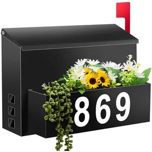 Wall-Mount Mailbox with Flag, Large Capacity Mailboxes for Outside House with Planter & 3 Sets of 0-9 Mailbox Number Stickers, Galvanized Steel Rust-Proof Post Box Metal Mail Box, 13.8"W*9.8"H*3.9"D