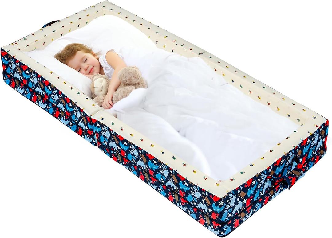 100% Cotton Lining Portable Foldable Toddler Travel Bed - Soft Foam Floor Bed with Washable Cover, Safe and Comfortable Toddler Crib, Ocean Blue