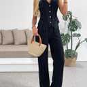 Women's 2 Piece Outfits Linen Vest Waistcoat Dressy Casual Sets Wide Leg Pants Suits (Black, S)