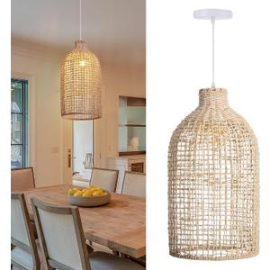 Arturesthome Farmhouse Pendant Light for Kitchen Island,Rattan Chandelier Lighting Woven Lampshade for Living Room Bedroom (11.8in x 21.6in Beige Iron Frame)