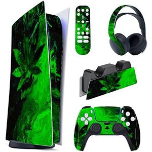 PlayVital Green Leaf Full Set Skin Decal for ps5 Console Digital Edition, Sticker Vinyl Decal Cover for ps5 Controller & Charging Station & Headset & Media Remote