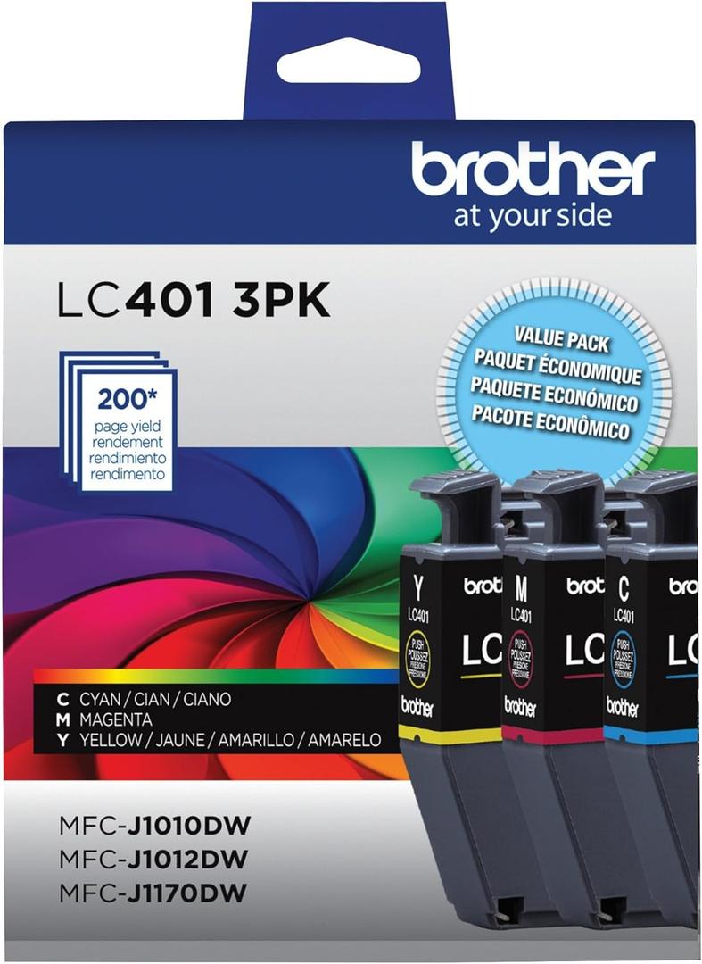 Brother Genuine LC401 Standard Yield 3-Pack Ink Cartridges Includes 1 Cartridge Each of Cyan, Magenta and Yellow , 3 Count (Pack of 1)