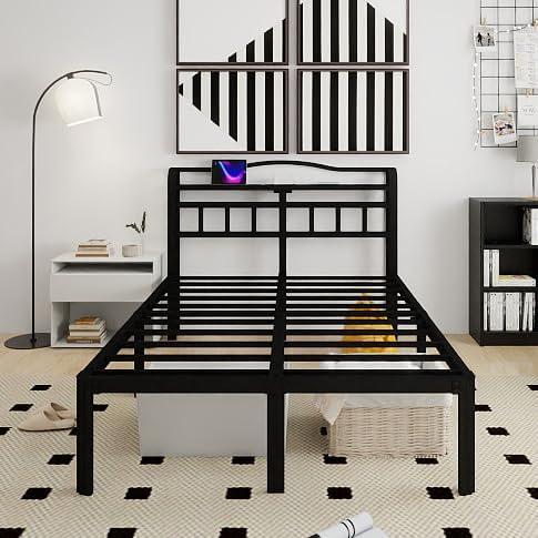 Queen Bed Frame with Headboard & Charging Station 18 Inch High Under-Bed Storage,Heavy Duty Metal Platform Bed Frame Queen Size, No Box Spring Needed, Black (18 Inch, Queen)