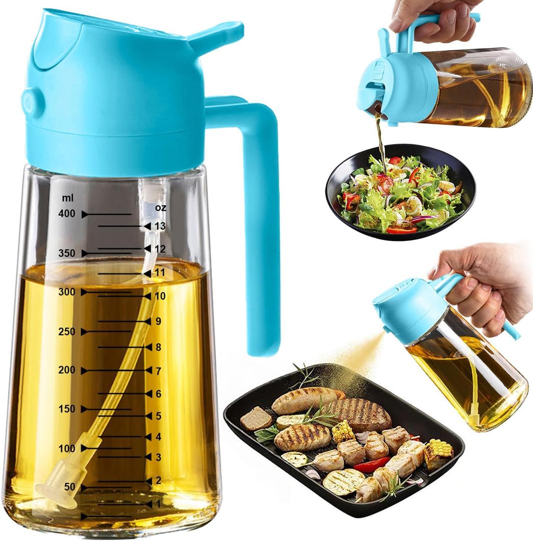 TrendPlain 16oz/470ml Glass Olive Oil Sprayer for Cooking 2 in 1 Olive Oil Dispenser Bottle for Kitchen Gadgets and Air Fryer Accessories, Salad, BBQ - Sky Blue