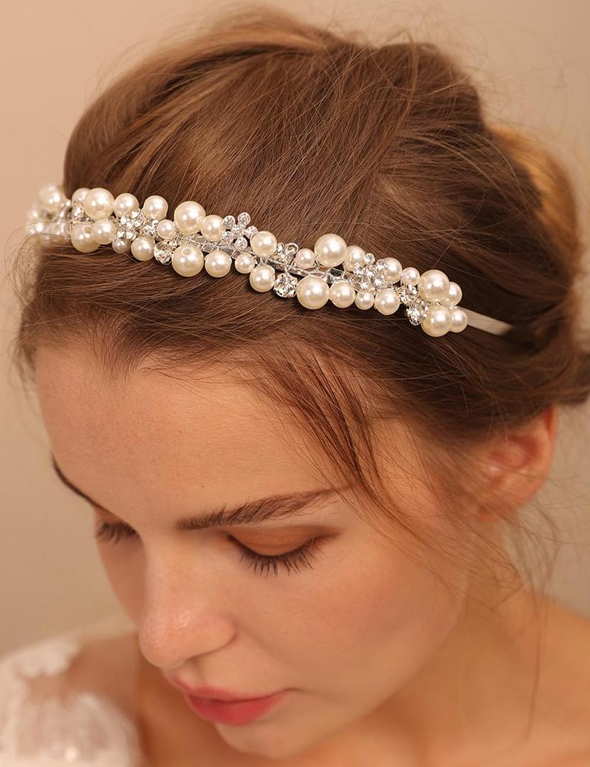 Elegant Rhinestone Pearls Wedding Headpiece Pearls Headband Wedding Headband for Women Bridal Hair Accessories for Women (silver)