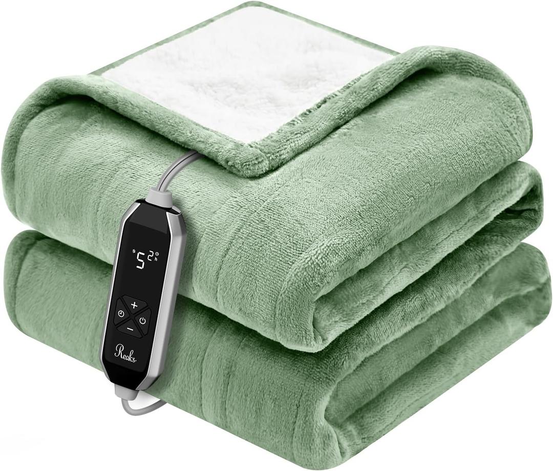 Reaks Heated Blanket Throw, 50×60 Inches, Fast Heating Blanket 10 Heat & 9 Timer Settings, Electric Blanket Soft Flannel Sherpa, Automatic Power Off Function, ETL & FCC, Machine Washable, Green