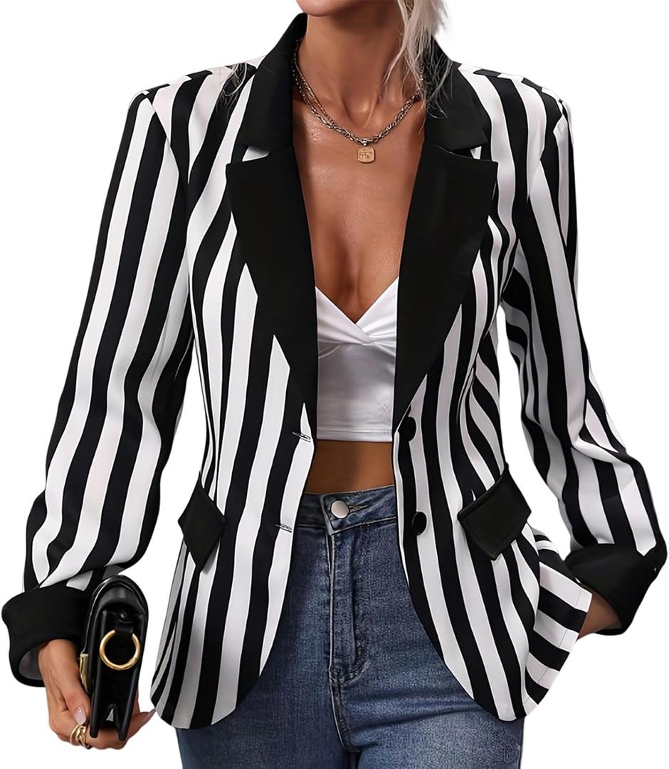 IBTOM CASTLE Women's Black White Stripes Blazers Casual Button Long Sleeve Jacket Halloween Work Business