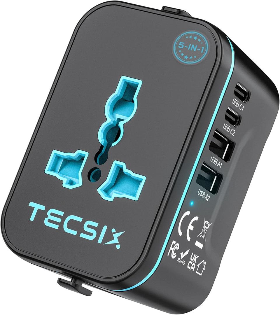 Universal Travel Adapter Worldwide, TECSIX European Travel Plug Adapter with 2 USB C, 2 USB A and Multi AC Outlets, International Power Converter for EU US UK AUS 200+ Countries Type A C G I