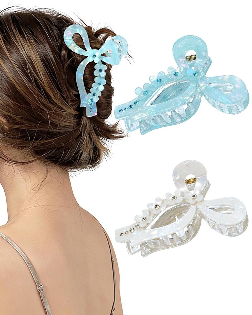 2 x ACECHA 2 Pack Cute Glitter Bow Claw Clip for Women Thick Hair, Non-slip | acrylic bow clip with flowers, sparkly elegant, non-slip grip for thick hair, for daily wear weddings parties, green & white