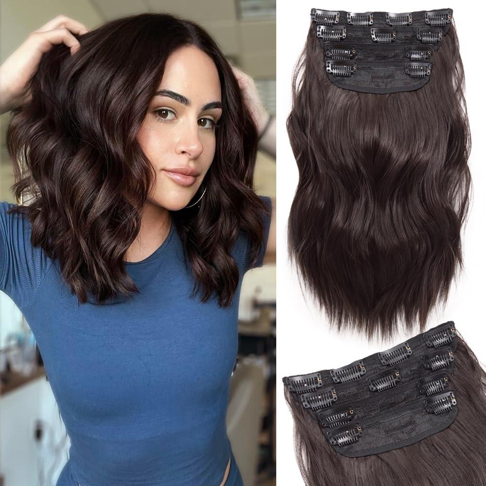 Short Clip in Hair Extensions 10 Inch Dark Brown Hair Extensions Clip ins for Women 4PCS Short Wavy Thick Syntheitc Hairpieces