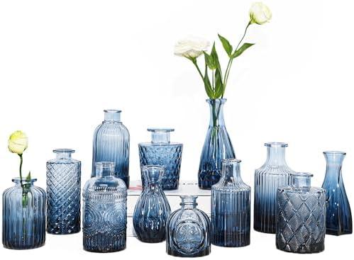 TBWIND 11Pcs Blue Glass Bud Vases Set, Small Vases for Flowers, Perfect for Centerpieces at Parties, Baby Showers, Weddings, Events, Graduation Season, Great Gifts for Office & Home Décor