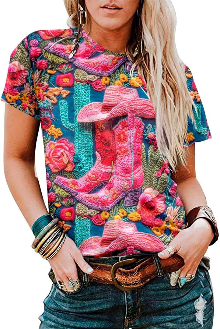 Boho Western Cowgirl Shirts for Women: Vintage Western Rodeo Graphic Tee Cowgirl 3D Digital Printing Short Sleeve Tops (Small)