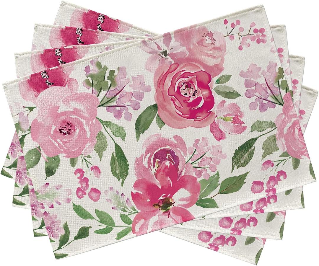 Seliem Spring Summer Watercolor Flower Placemats Set of 4, Pink Peony Floral Dining Table Place Mats, Seasonal Kitchen Decor Home Decoration 12 x 18 Inch