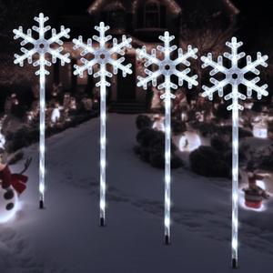 Solar Christmas Pathway Lights Outdoor Decorations, Solar Powered Snowflake Lights, Waterproof Xms Garden Stake Lights Outdoor Christmas Decorations for Patio Yard Porch Lawn, 4 Pack(White)
