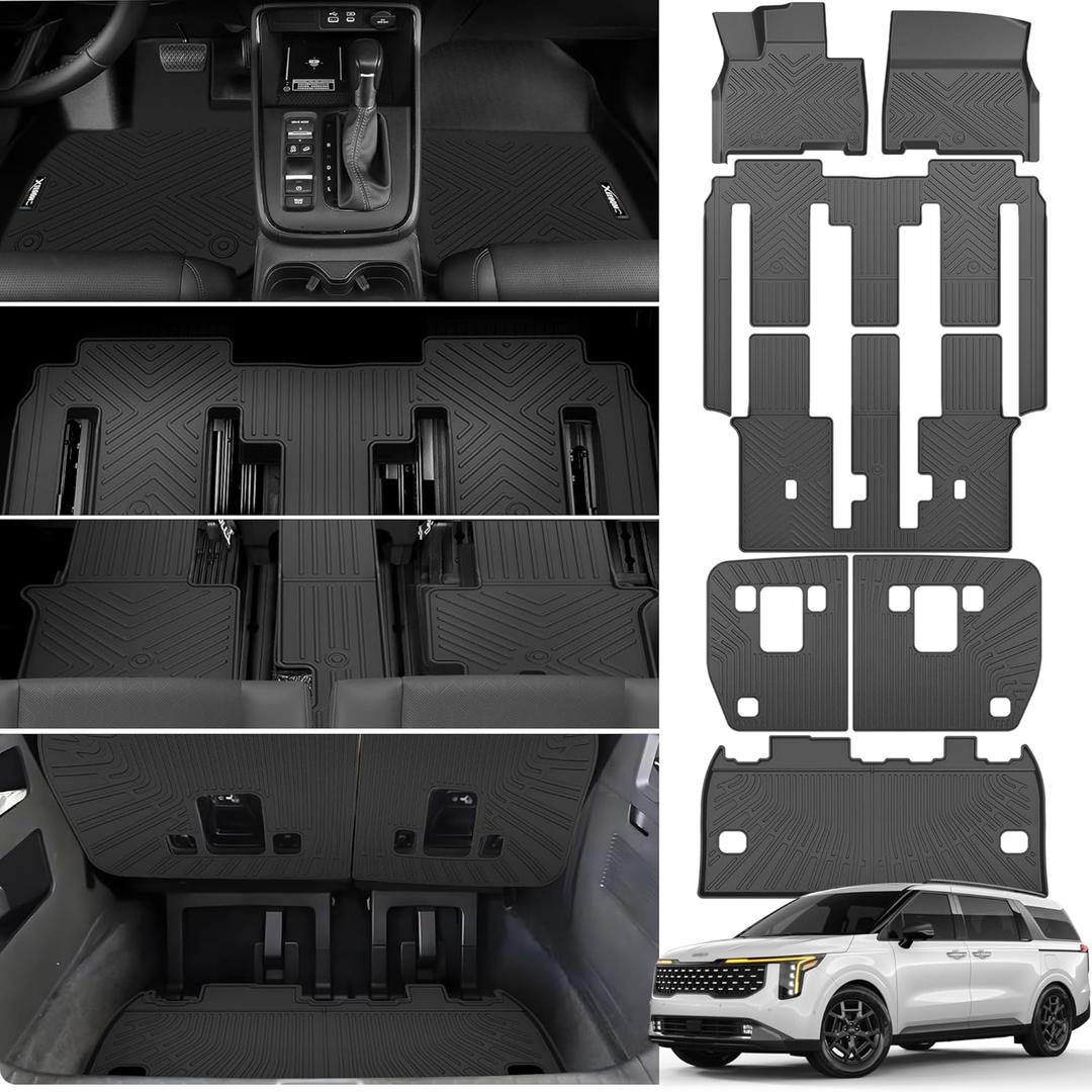 Floor Mats & Trunk Mats with Backrest Mats for 2022-2025 Kia Carnival MPV 8 Seats (Not for Hybrid Fits LX w/seat Package, EX and SX) All Weather Protection TPE Car Floor Liners Full Set (for 2022-2024 Kia Carnival MPV 8 Seats All mats)