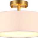 15 Inch Drum Light, Semi-Flush Mount Ceiling Light Fixture White Fabric Drum Shade and Gold Plating Finish, Ceiling lamp for Bedroom, Dining Room, Corridor, Living Room