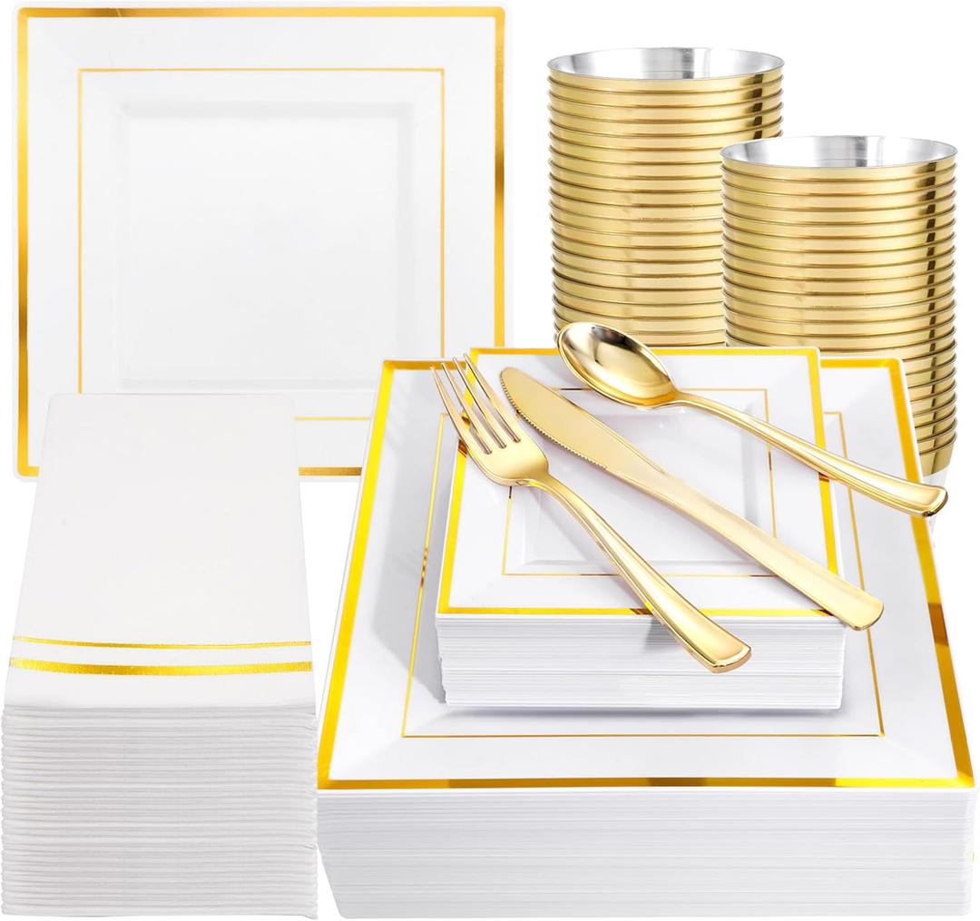 Festiva 350Pcs Gold Plastic Plates - Disposable Square Gold Plates Dinnerware set include 9.5"/6" Plates,Cups,Plastic Cutlery,Hand Napkins Perfect for 50 guests Party&Birthday&Wedding