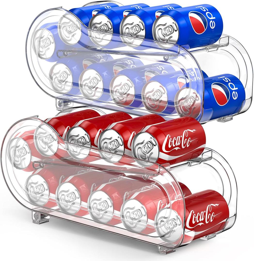 2 Pack Auto-Rolling Soda Can Organizer for Refrigerator/Fridge, Upgraded Soda Can Dispenser & Holder for Pantry Storage 10 Standard Size 12oz/ 11.2oz/ 355ml/ 330ml Drink Short Cans (Clear)