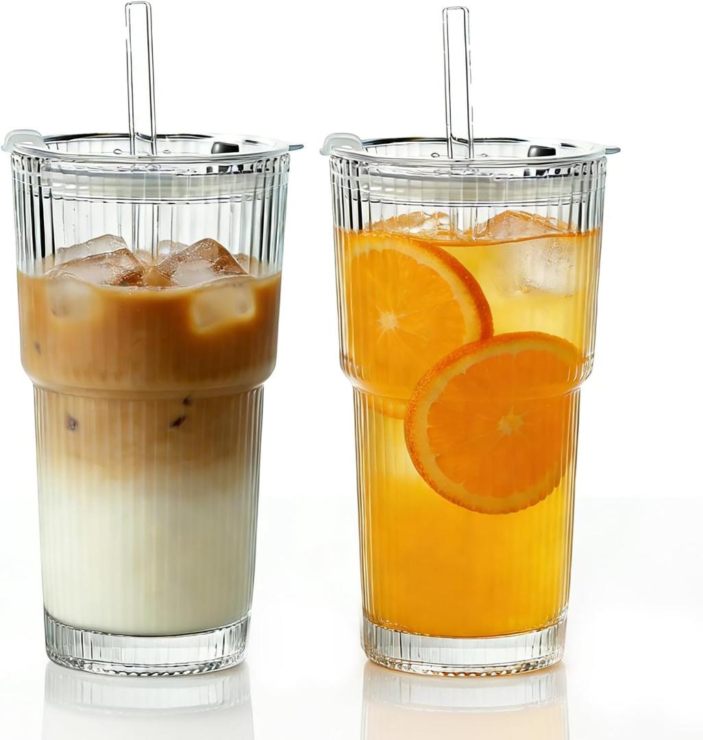 20 oz Ribbed Glass Tumbler with Straw and Lid, Vintage Glass Cup with Lid, Reusable Iced Coffee Cups Set for Iced Coffee Smoothie Juices, Elegant Drinkware for Home Party (2)